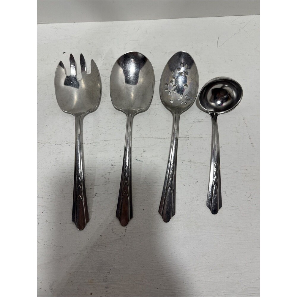 Ekco Stainless USA Art Deco Mid Century Modern Set Of 4 Serving Spoon Ladle Fork